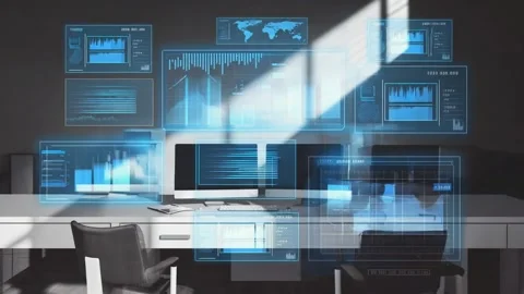 Futuristic holographic data displays floating above modern office desks sho.. Stock Footage 321340317