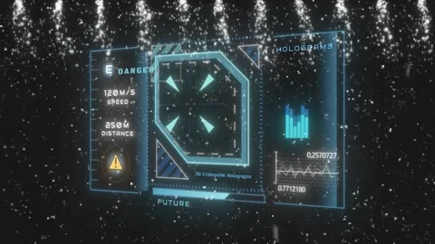 Futuristic holographic data interface panels floating against falling white snow Stock Footage 338390160