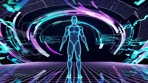 Futuristic holographic display of a human-like robot in a digital environment sh Stock Footage 297465921