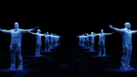Futuristic Holographic Figures in Symmetrical Alignment on Digital Grid Stock Footage 339052490