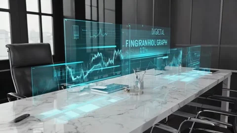 Futuristic Holographic Financial Data Display Futuristic Business Meeting R.. Stock Footage 321340319