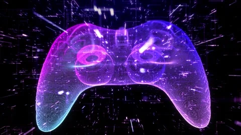 Futuristic Holographic Gamepad Controller with Neon Digital Particle Background Stock Footage 344239902