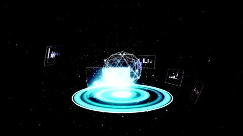 Futuristic Holographic Globe Display with Data Analysis on Black Background Video stock 346532727