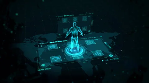 Futuristic Holographic Human Interface on Digital World Map Design Stock Footage 339139137