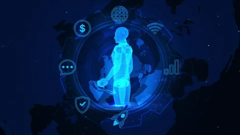 Futuristic Holographic Human Surrounded by Digital Icons and Technology Stock Footage 339112351