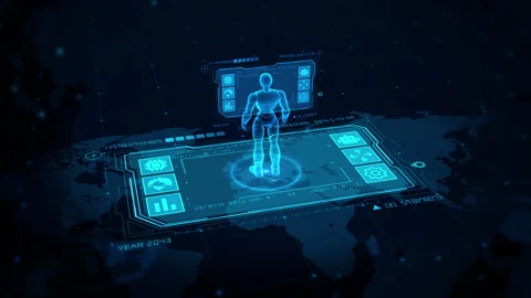 Futuristic Holographic Interface with Digital Human and Virtual Graphics Stock Footage 339139585