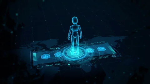 Futuristic Holographic Interface with Digital Human on World Map Display 库存影片 339141079