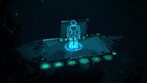 Futuristic Holographic Interface Displaying AI on Digital Map Background Stock Footage 339141016