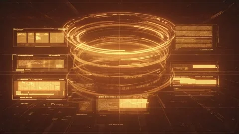 Futuristic holographic interface with glowing data charts and code displays.. Stock Footage 321340573