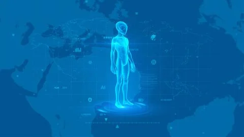 Futuristic Holographic Representation of Alien on Digital World Map Backgroun Stock Illustration