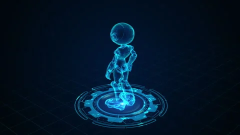Futuristic Holographic Robot in Digital Blue Neon Grid Display Innovation Vídeos de archivo 339059379