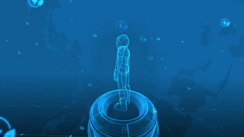 Futuristic Holographic Robot on Digital Blue Globe Backdrop with Tech Icons Stock Footage 341377291