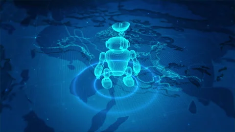 Futuristic Holographic Robot Navigating Digital Geographical Blueprint Vidéo 342718752