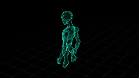 Futuristic Holographic Robot Simulation on Digital Grid Background Tech Displ Stock Footage 339058425