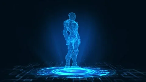 Futuristic Holographic Robot Standing on Digital Platform in Blue Glow Vidéo 339052853