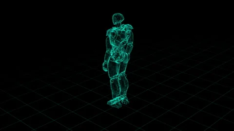 Futuristic Holographic Robot Standing on Digital Grid in Green Neon Environme Stock Footage 339057628