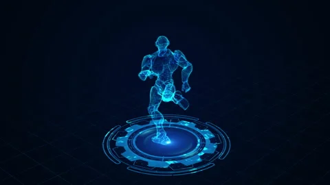 Futuristic Holographic Runner in Digital Grid Environment with Blue Light Stock Footage 339057302