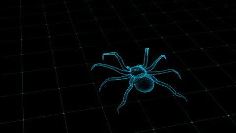 Futuristic Holographic Spider on a Digital Grid Landscape in Virtual Space 库存影片 342376158