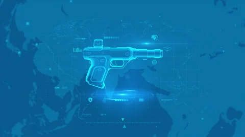 Futuristic Holographic Weapon Display on Digital Global Map Background Stock Footage 342292026