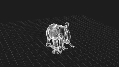 Futuristic Holographic Wireframe of Elephant in 3D Virtual Grid Space 库存影片 343219111