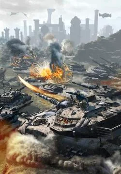 Futuristic hover tank assaulting a distant city. Stock Illustration