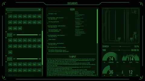 Futuristic HUD Animation of generic data with text area, UML diagram and Stock Footage 140916378