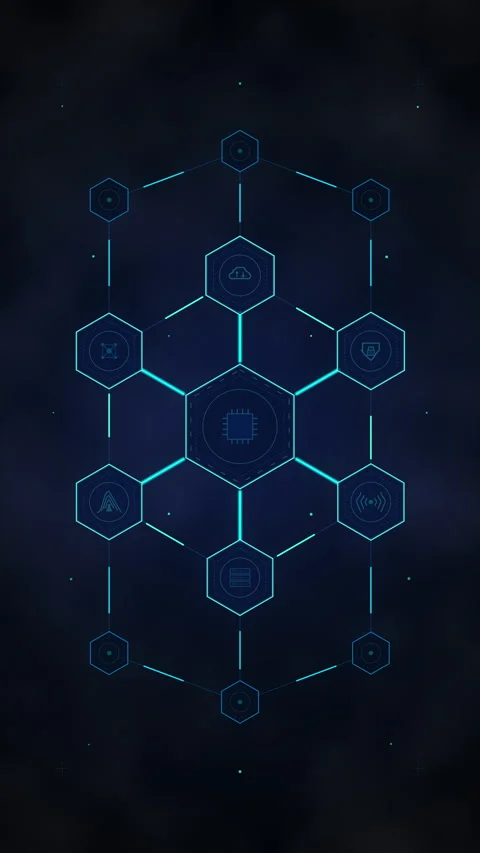 Futuristic HUD animation with a glowing hexagonal network grid Stock Footage 347246796