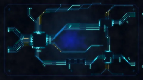Futuristic HUD circuit board loop with glowing blue elements and data flow Stock Footage 347246235