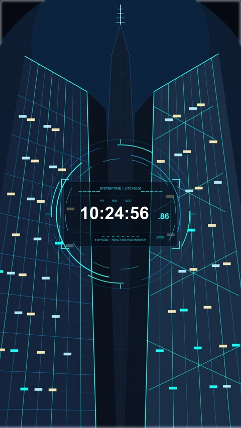 Futuristic HUD clock loop with glowing blue digital interface elements Stock Footage 346541928