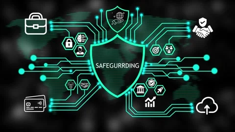 Futuristic HUD Cyber Security Safeguarding Shield Interface Screen 4K Video stock 342635681