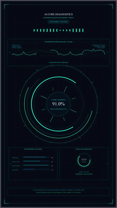 Futuristic hud dashboard interface with glowing teal circles and data graphs on Stock Footage 347568376