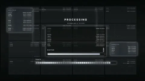 Futuristic HUD Data Processing Interface with Digital Codes Video stock 335371436