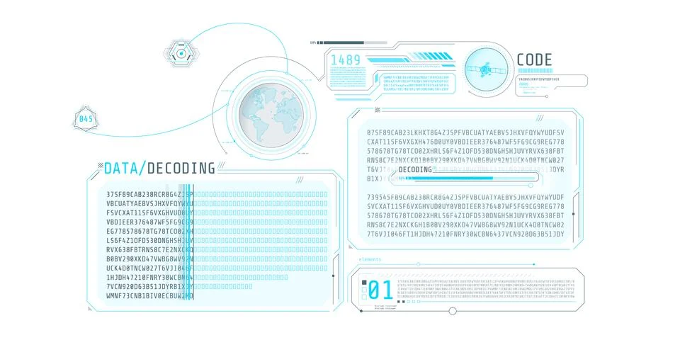 Futuristic HUD design of satellite data decoding program. Ilustración de archivo