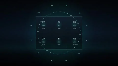 Futuristic HUD digital calendar interface with rotating time and date indicators Vídeos de archivo 344232839