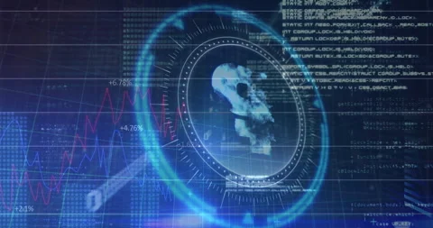 Futuristic HUD displaying 3D skull mesh within holographic grid, animating line Stock Footage 307436630