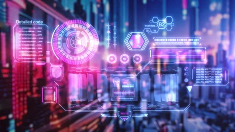Futuristic HUD displaying data analysis and detailed code Stock Footage 294671571