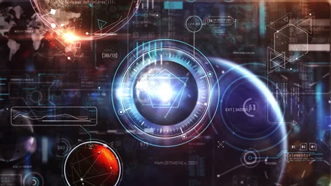 Futuristic HUD displaying Earth and Mars with complex data and metrics Stock Footage 320209606