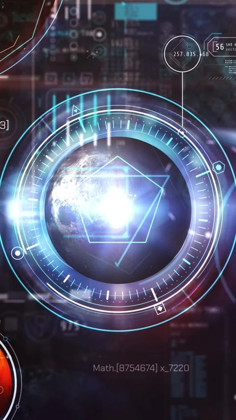 Futuristic HUD displaying Earth and Mars with complex data and metrics Stock Footage 345667493