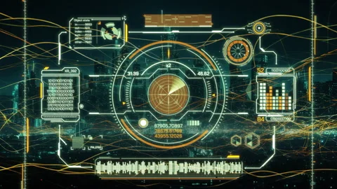 Futuristic HUD displaying radar, data analysis, and binary code over cityscape Stock Footage 316082992