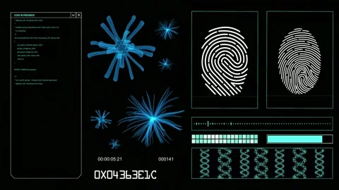 Futuristic HUD elements on a computer display with human scanning, bacteria iden Video stock 139937500