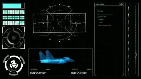 Futuristic HUD elements on a computer display with military plane scheme Stock Footage 139937502