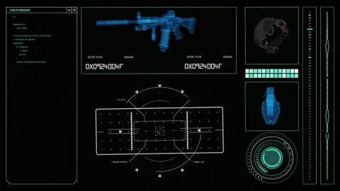 Futuristic HUD elements on a computer military themed display with machine gun Stock Footage 146962602