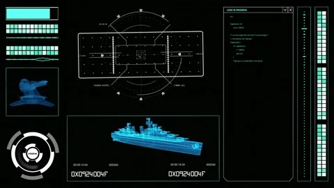 Futuristic HUD elements on a computer military themed display with war ship  Stock Footage 146962603