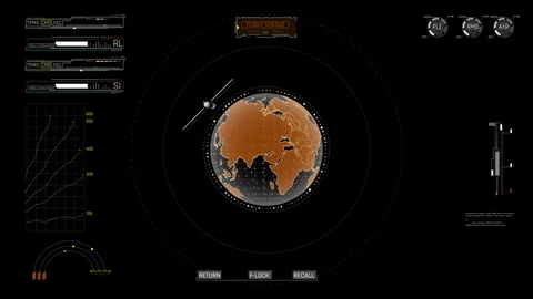 Futuristic HUD Flight Status Interface with Orbiting Satellite and 3D Globe 動画素材 338433619