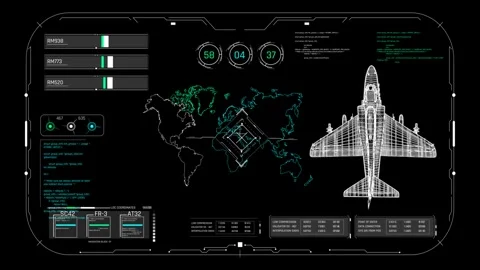 Futuristic HUD Flight Tracking Screen with World Map and Passenger Airplane Stock Footage 339666513