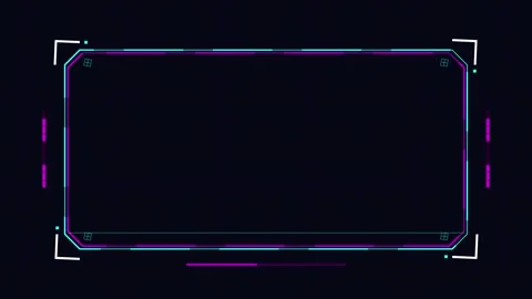 Futuristic HUD frame with neon cyan and magenta glowing borders on black Video stock 345588390