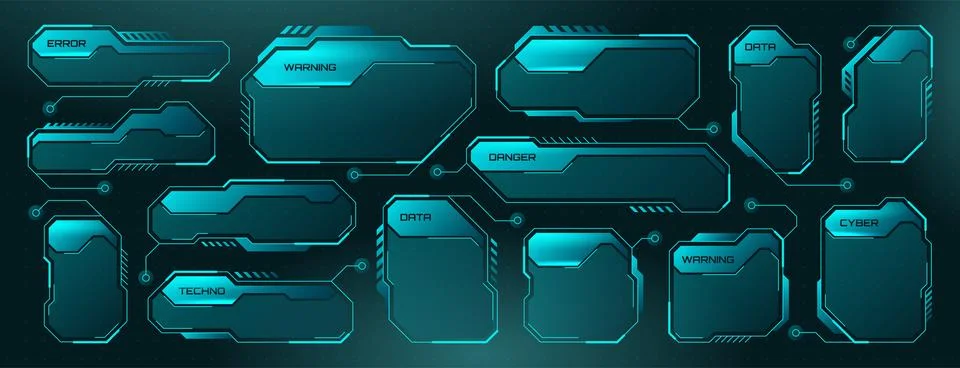 Futuristic HUD frames, science text box borders, sci-fi tech digital screen Stock Illustration