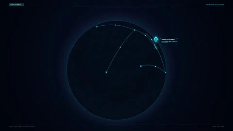 Futuristic HUD globe with glowing trajectory arcs and target acquisition interfa Stock Footage 347886740