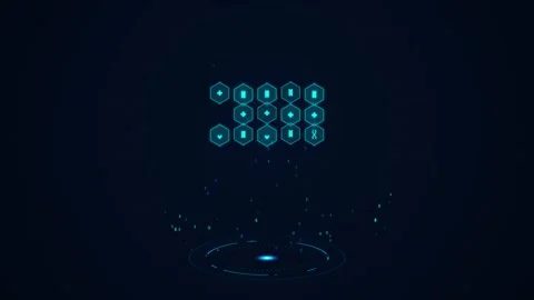 Futuristic HUD Holographic Panel with Hexagon Icons Dark Background Video stock 341777450