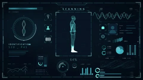 Futuristic HUD Interface with 3D Human Body Scan and DNA Helix Data Stock Footage 341677271